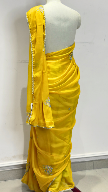 Banarashe Yellow Embroidered Saree with Multicolour Peacock Motifs & Silver Lace Border