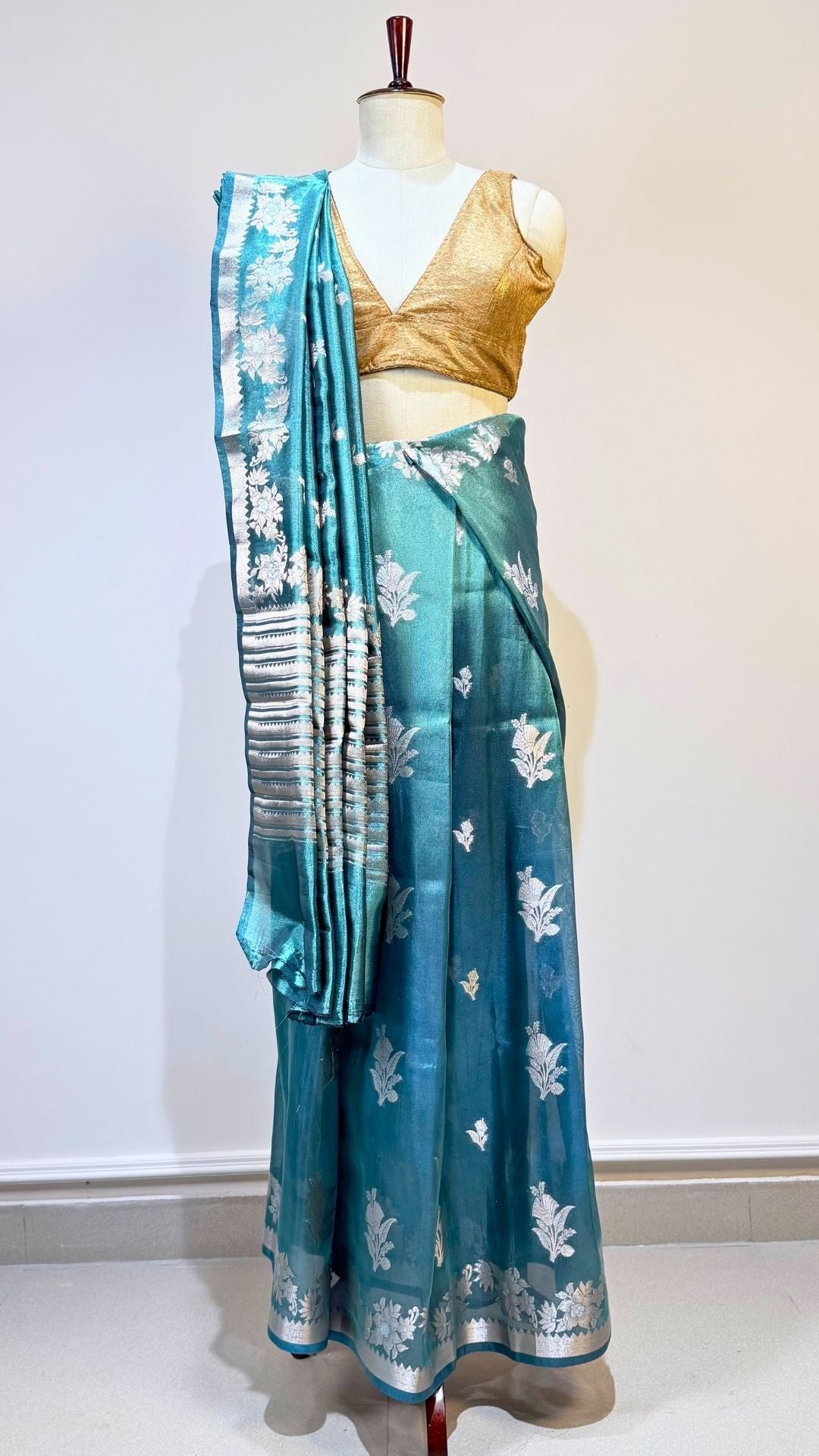 Teal Blue Cotton Tissue Saree