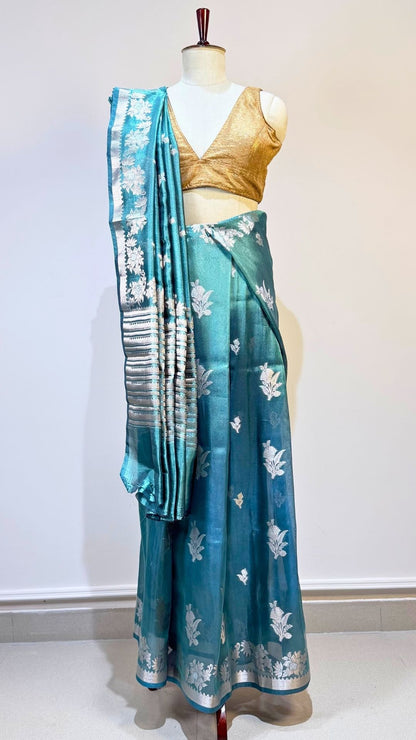 Teal Blue Cotton Tissue Saree