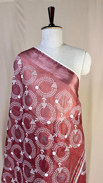 Elegant maroon tissue Saree with Embroidery border& Floral Motifs,