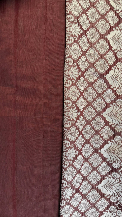 Banarashe Maroon & Cream Handloom Banarasi Cotton Saree with Tribal Body & Traditional Pallu