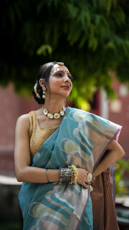 Mercerised Cotton Fancy Alfi Saree – Blue with Meenakari Zari Border