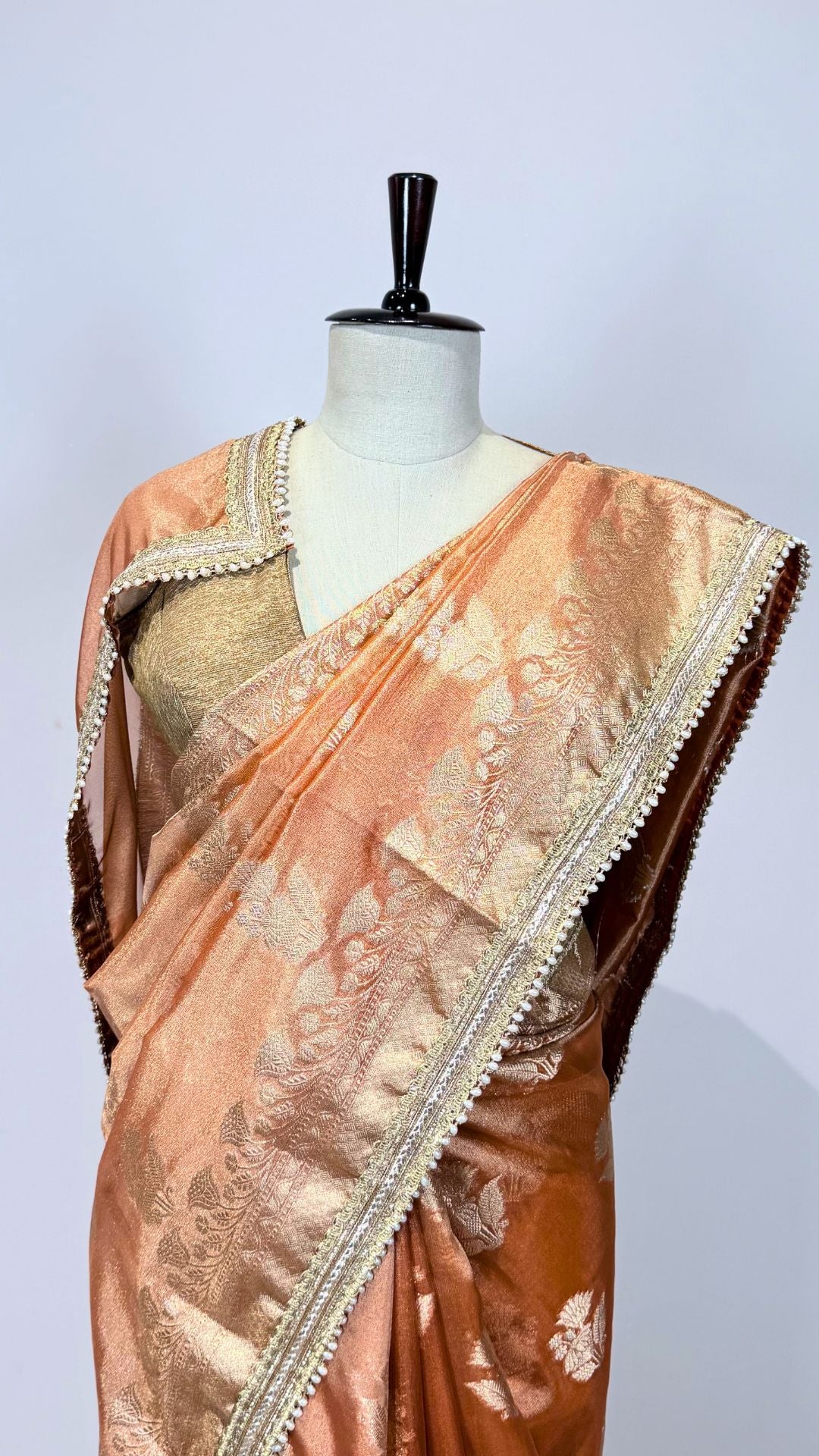Orange Tissue Saree with Moti Lace Border