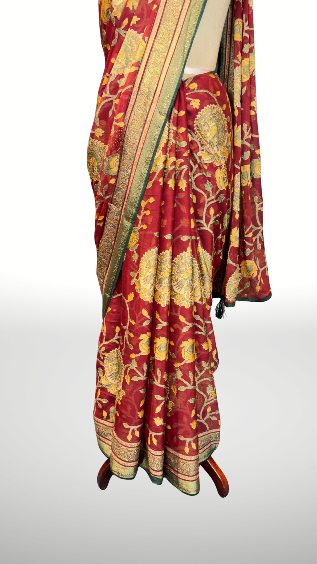 Banarashe Maroon Red Floral Printed Saree with Green & Gold Traditional Border