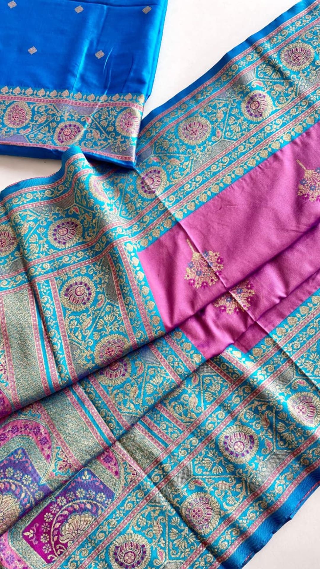 Banarasi Katan Silk Saree in Hot Pink and Sky Blue