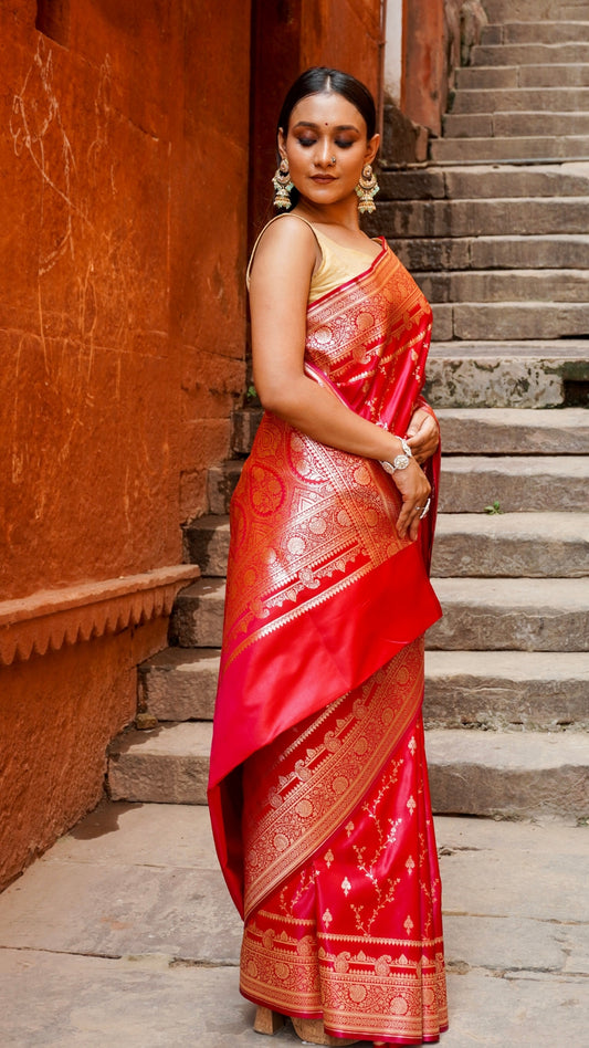 Pure Banarasi Red Flame Katan Silk Saree