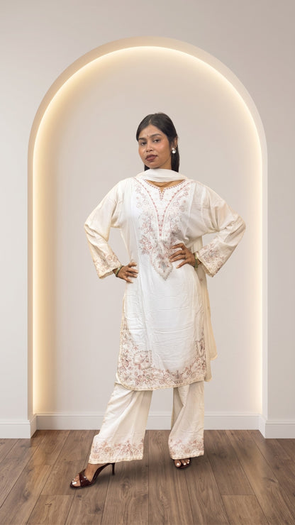 Women’s White Cotton Embroidered 3 Piece Kurta Pant Dupatta Set