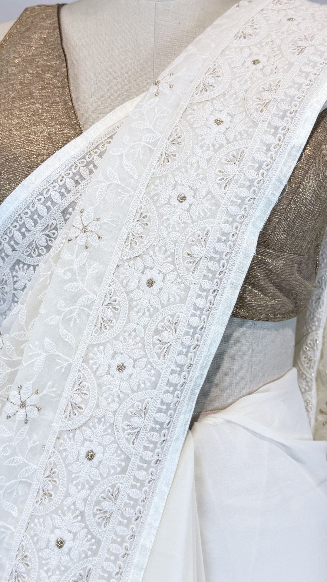 White Semi Chikankari Embroidered Saree for Women