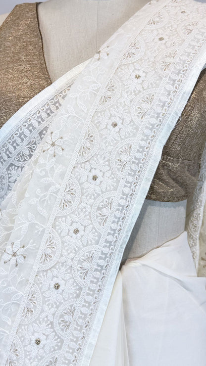 White Semi Chikankari Embroidered Saree for Women