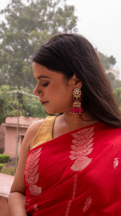 Scarlet Red Semi Raw Mango Katan Silk Saree