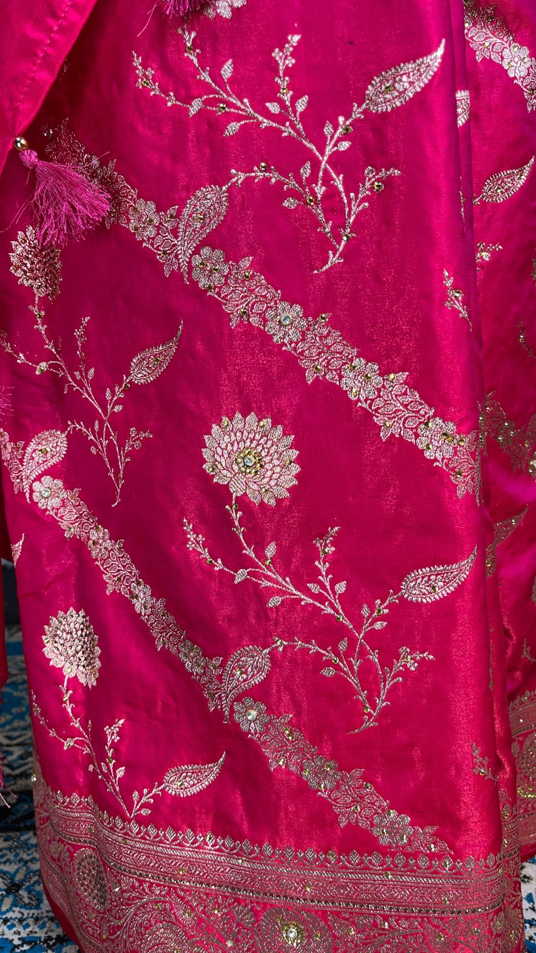 Elegant Pink Banarasi katan Silk Saree with Gold Zari Floral Embroidery & Tassel Pallu