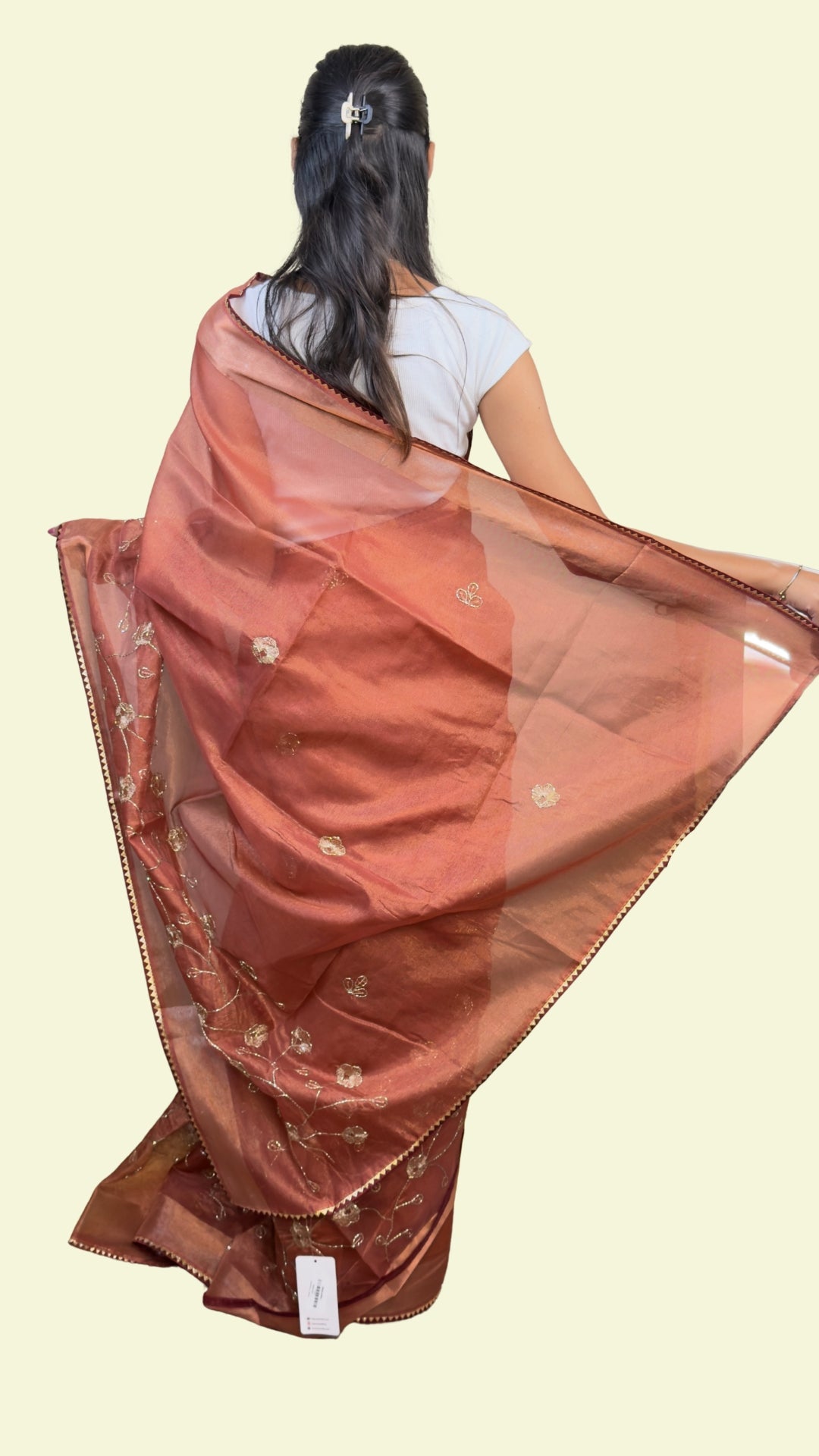 Peach Copper Embroidered Organza Saree