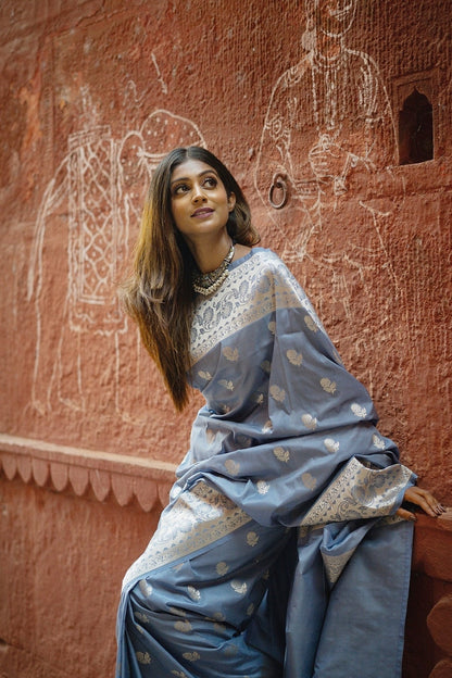 Silver Deep Skyblue Katan Soft Silk