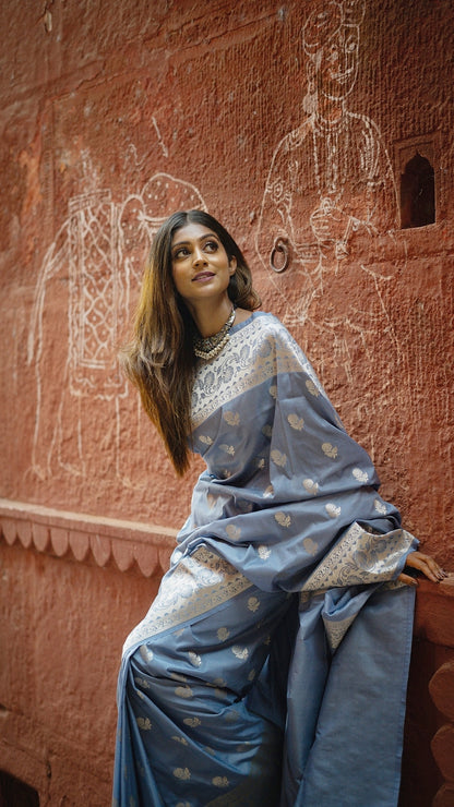 Silver Deep Skyblue Katan Soft Silk