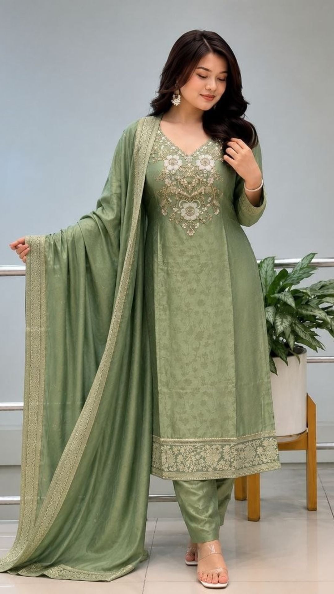 Women’s Designer Tissue Suit Set with Handwork Neck