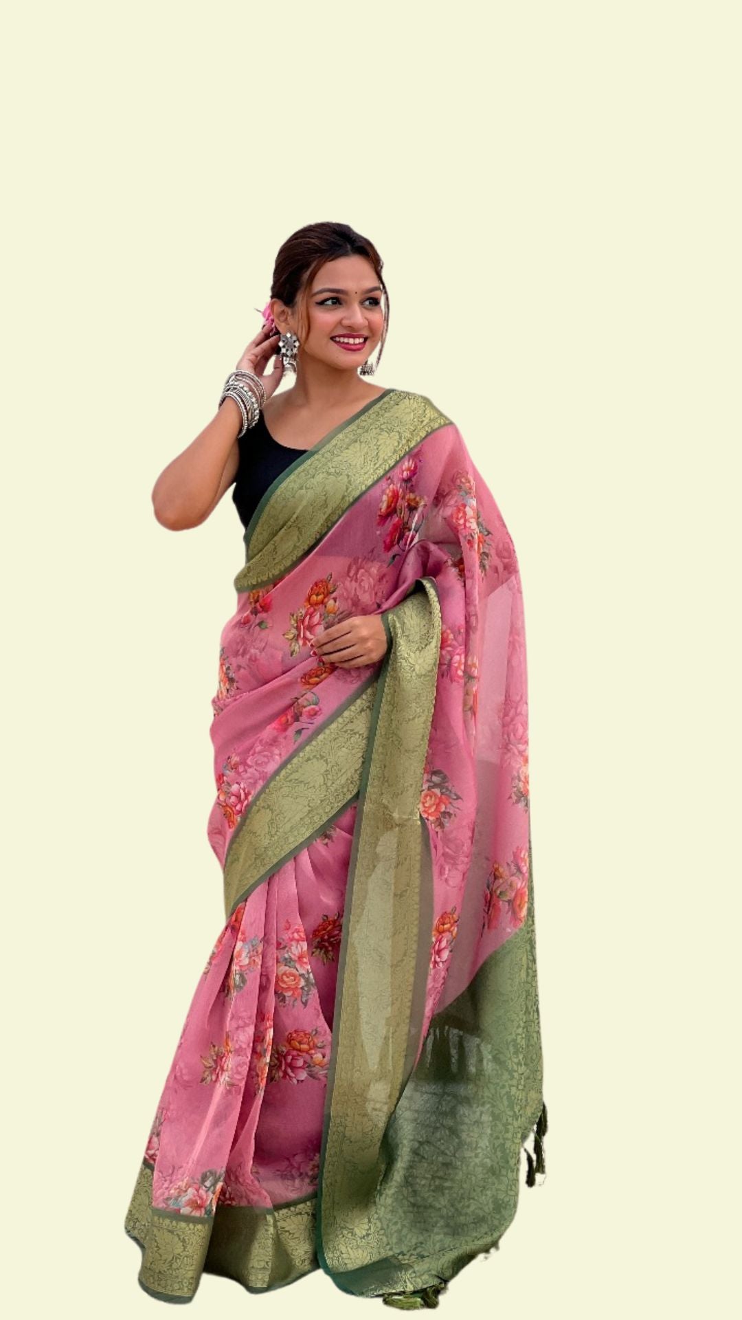 Pink Floral Soft Tissue Saree with Olive Green Zari Border & Elegant Pallu