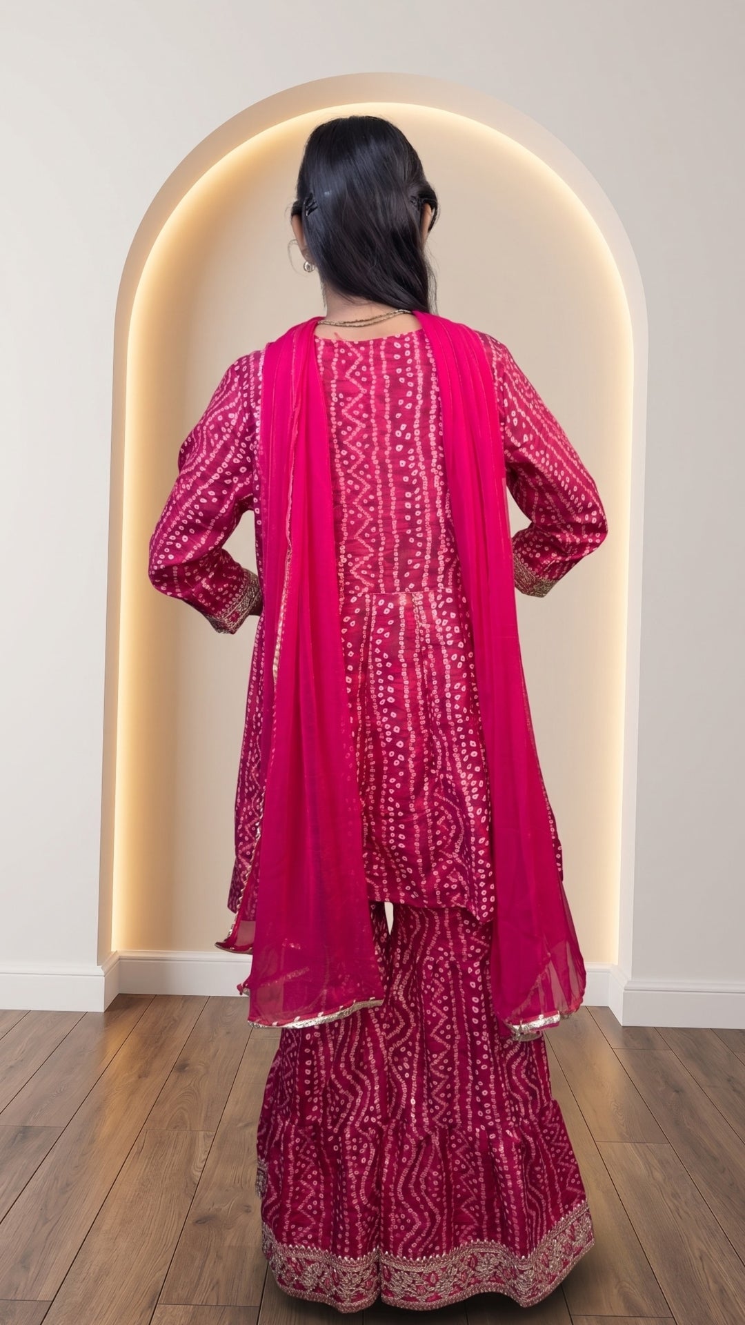 Pink Soft Cotton Bandhani Printed Embroidered Gharara Suit Set