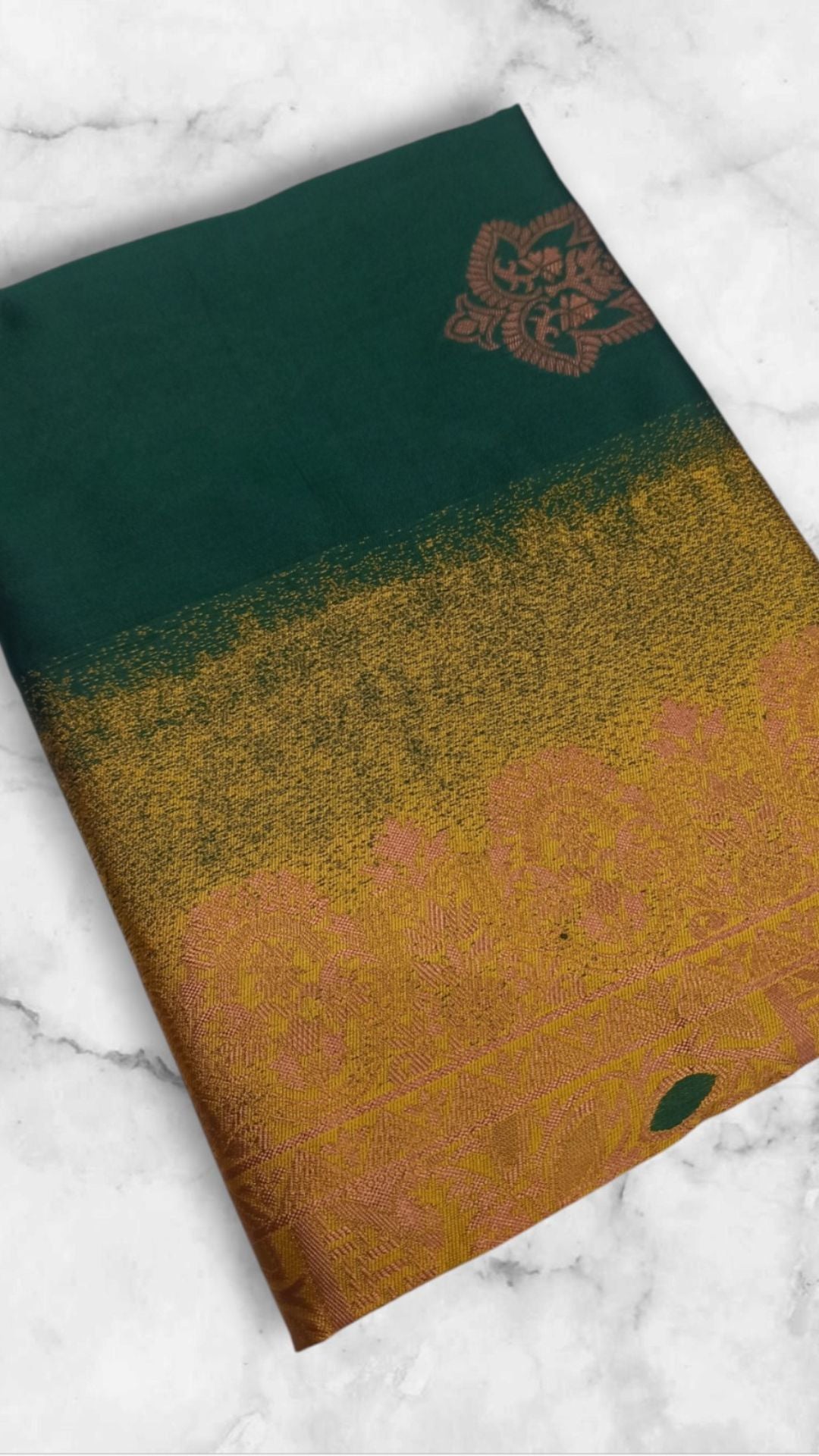 Bottle Green Soft Lichi Silk Saree with Rich Golden Jacquard Pallu & Contrast Blouse