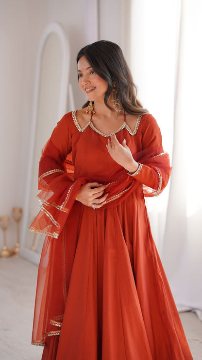Rust Roman Silk Chanderi Anarkali Set