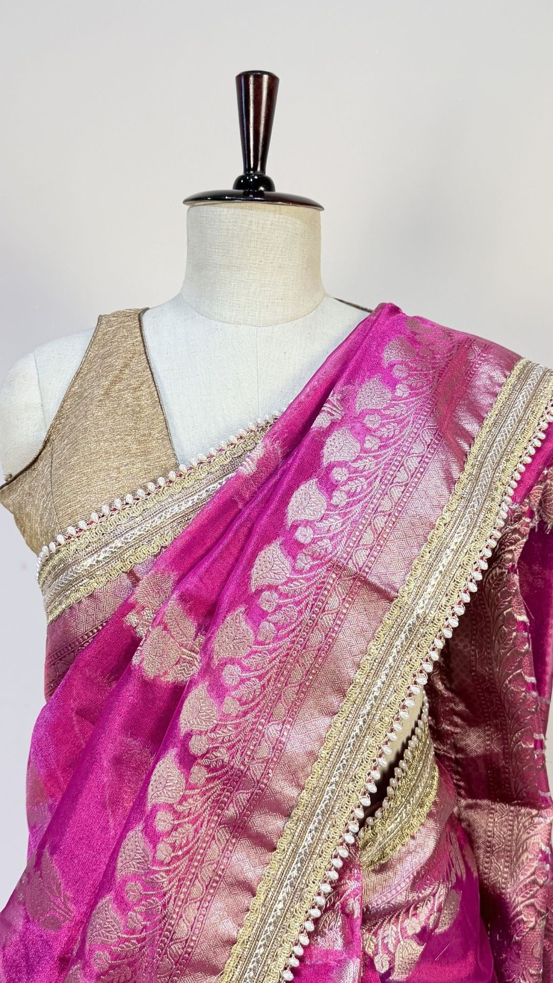 Rani Pink Tissue Saree with Moti Lace Border