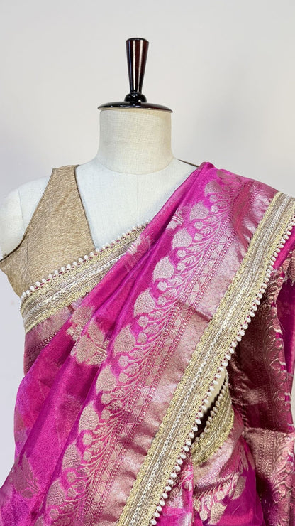 Rani Pink Tissue Saree with Moti Lace Border