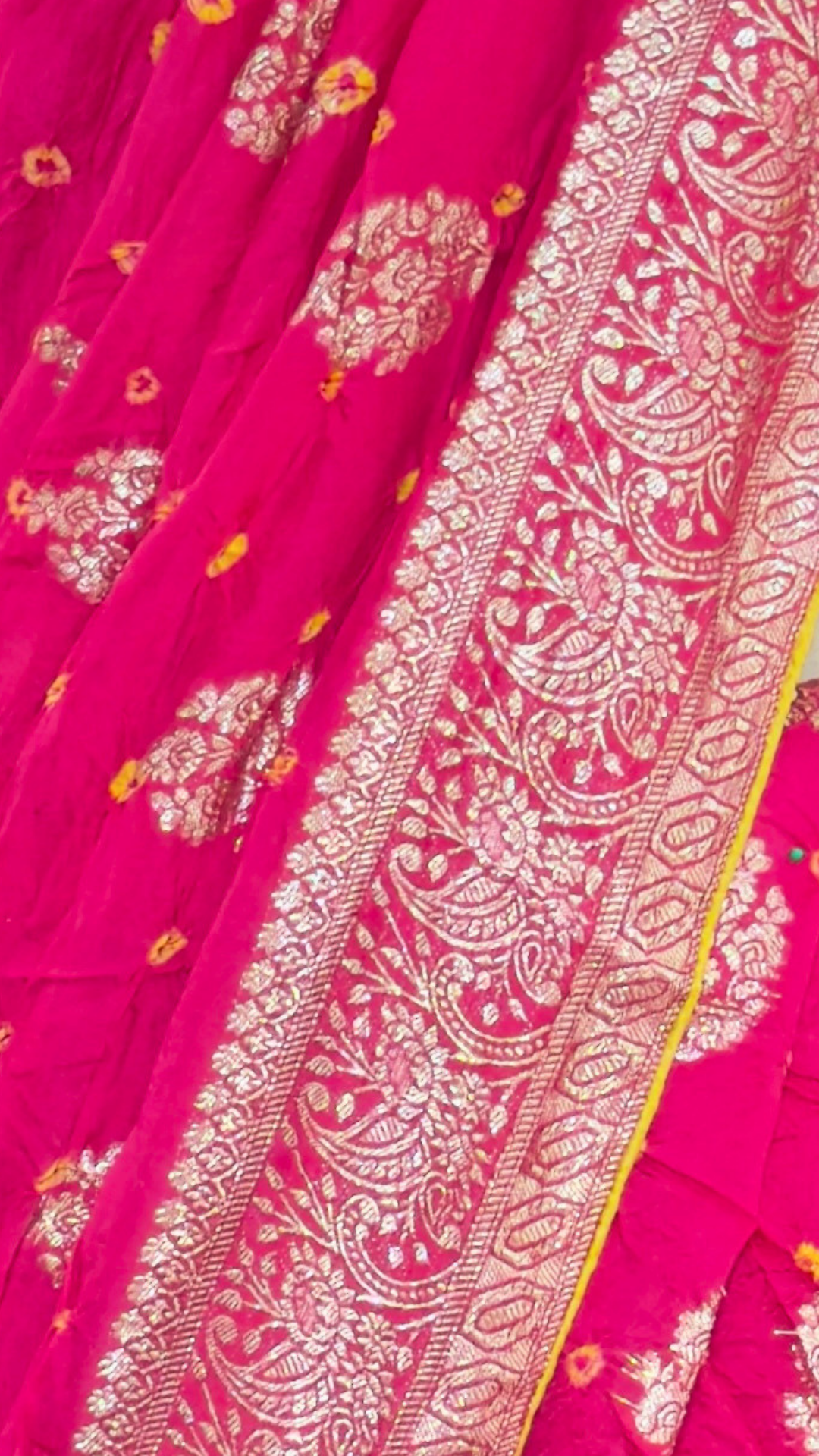 Banarashe Women’s Hot Pink Saree with Golden Floral Motifs & Paisley Woven Border