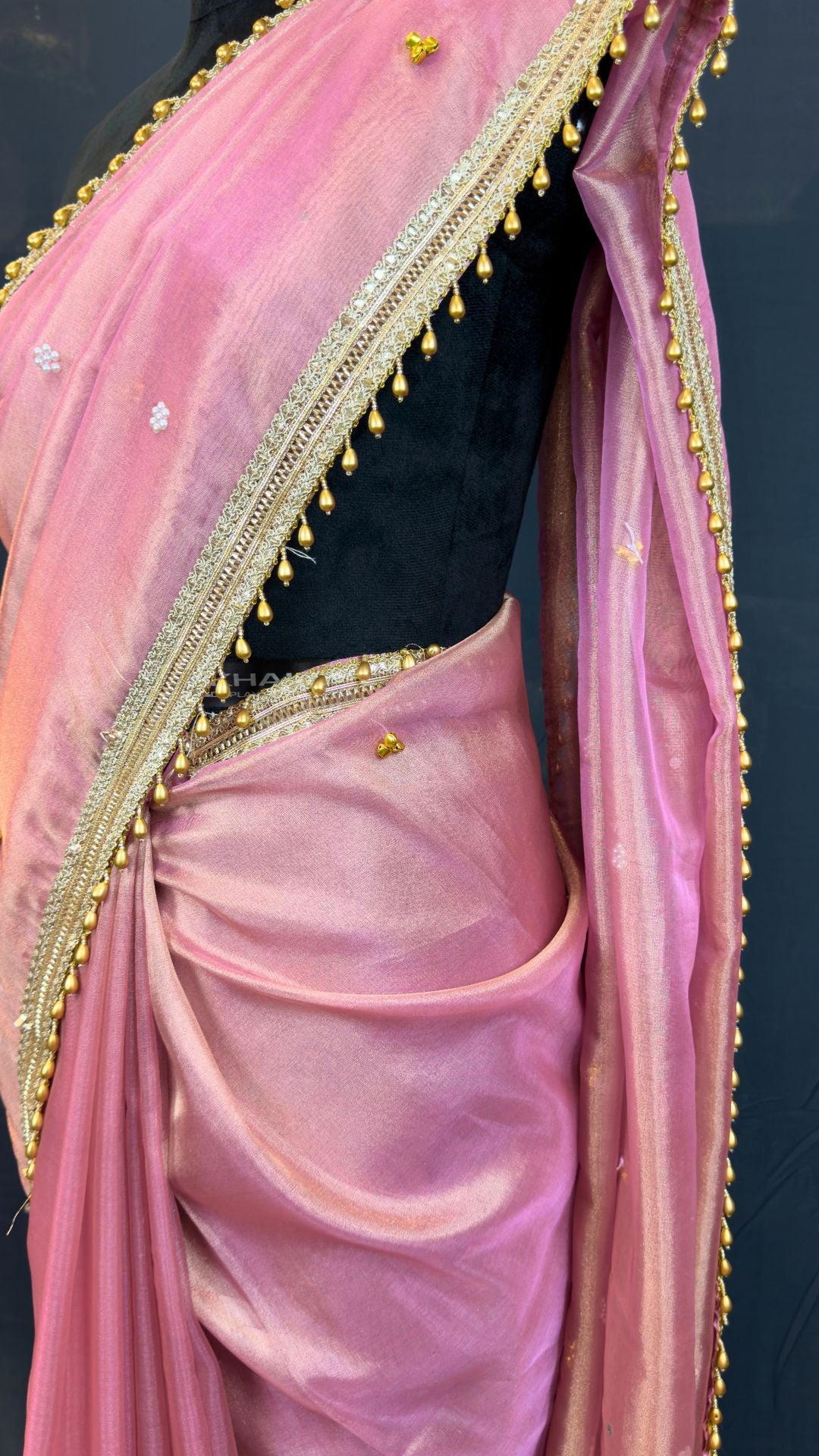 Pink Tissue Ghungroo Mirror Work Saree