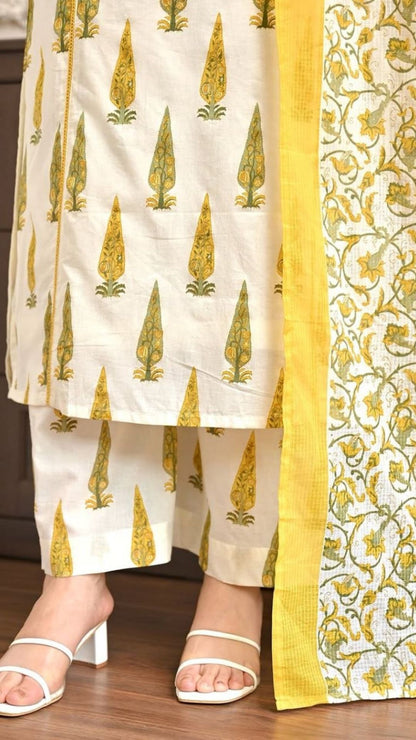 Ivory Cotton Kurta Set with Bagru Print & Mustard Dupatta