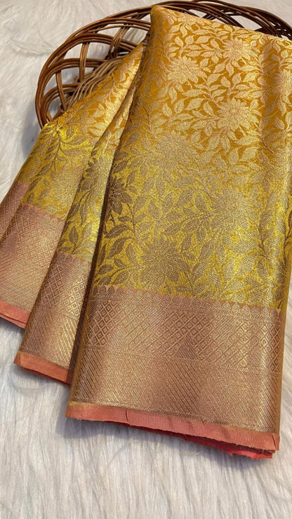 Premium Gold Banarasi Tissue Saree with Contrast Zari Tanchui Weaving & Brocade Blouse
