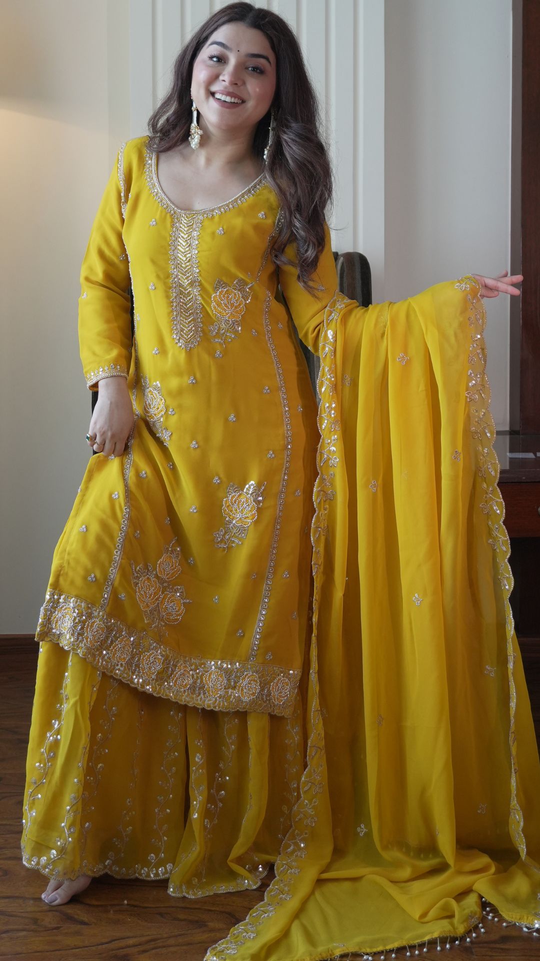 Women’s Yellow Embroidered Gharara Suit Set with Dupatta for Wedding & Festive Wear
