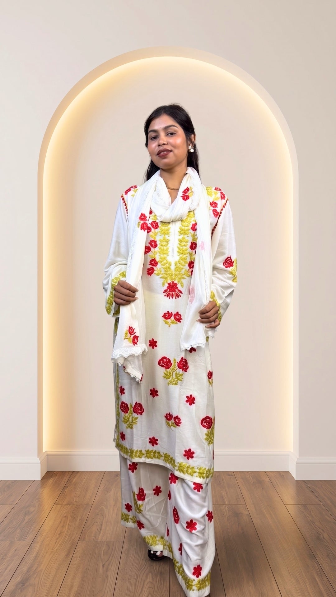 Ivory White Floral Embroidered Premium Cotton Kurta Set with Dupatta