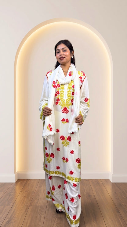 Ivory White Floral Embroidered Premium Cotton Kurta Set with Dupatta