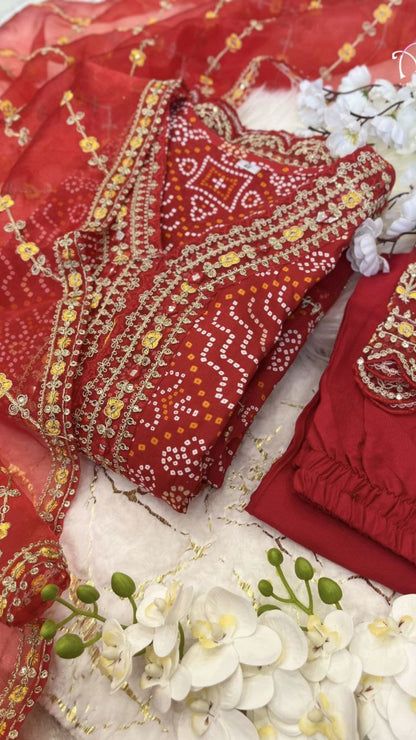 Red Maroon Heavy Rayon Anarkali Suit Set with Organza Embroidery Dupatta