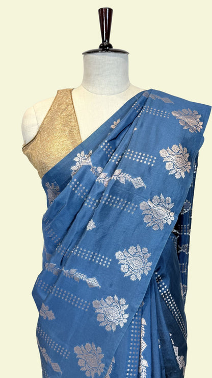 Blue Raw Mango Silk Saree with Silver Zari Floral Weaving