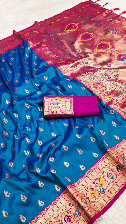 Royal Blue Paithani Silk Saree with Pink Meenakari Zari & Peacock Pallu