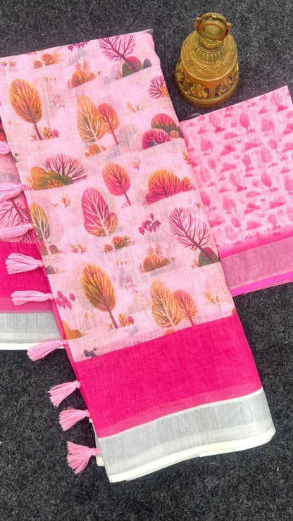 Floral Tree Print Linen Cotton Saree in Blush Pink with Zari Border