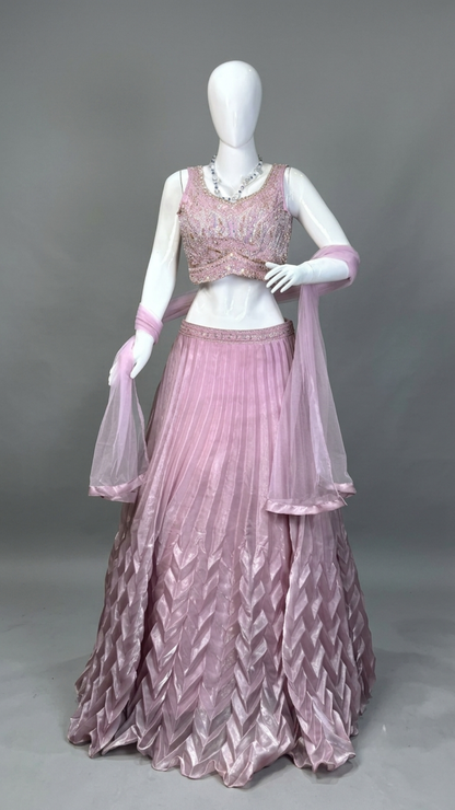 The Royal Pink Embroidered Stitched Lehenga & Crop Top Set
