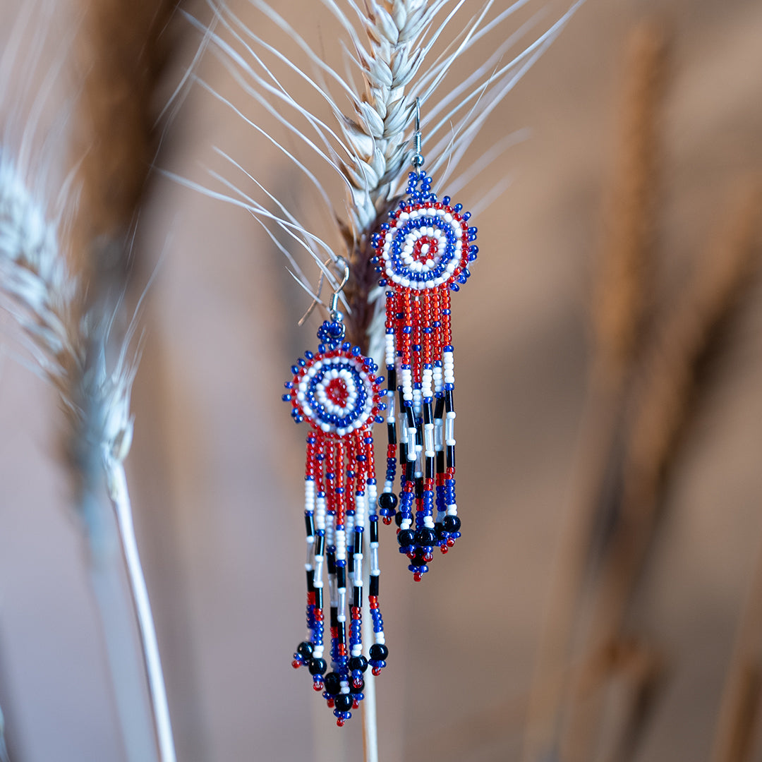 Handwoven Multi-Color Seed Bead Earrings with Glass Nalki – White, Navy Blue, and Cherry Red Fusion