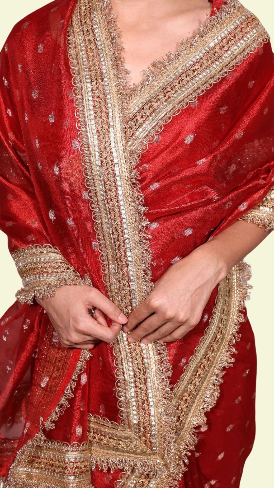 Royal Red Banarasi Soft Tissue Silk Saree with Gold Buti & Triple Lace Border