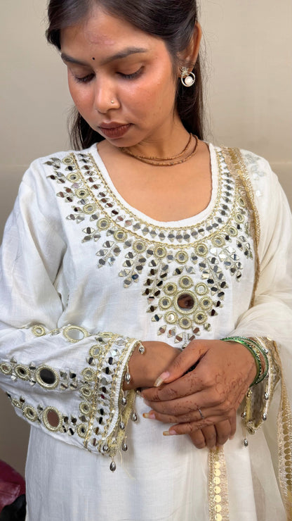 White Mirror Work Linen Cotton Suit Set with Dupatta