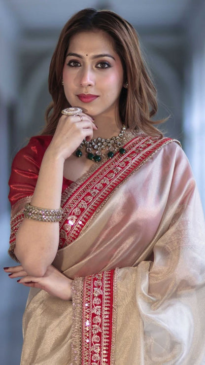 Banarasi Pure Soft Tissue Silk Saree in Radiant Gold & Crimson Red