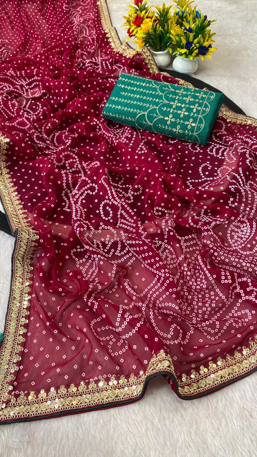 Rani Pink Georgette Bandhani Saree with Bottle Green Contrast Blouse