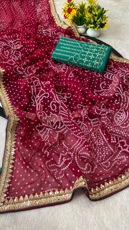 Rani Pink Georgette Bandhani Saree with Bottle Green Contrast Blouse