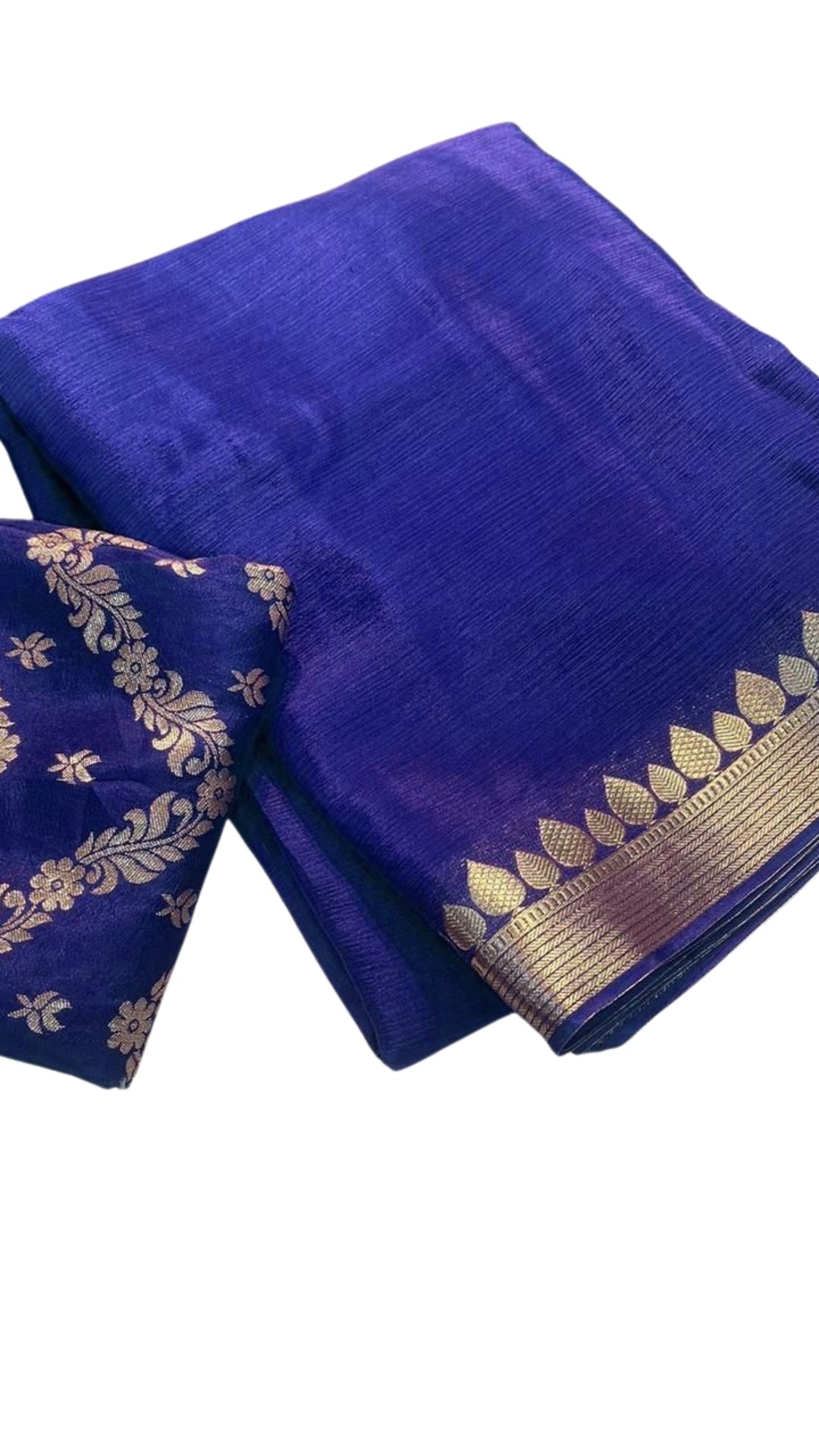 Royal Blue Chinon Base Chiffon Saree with Zari Weaving Border & Self Brocade Blouse