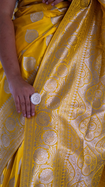 Yellow Floral Katan Mashru Silk Saree