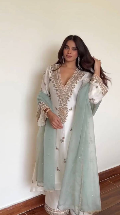 Roman Silk Embroidered Plazzo Suit Set