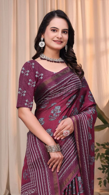 Elegant Wine Mal Cotton Saree with Designer Blouse Piece