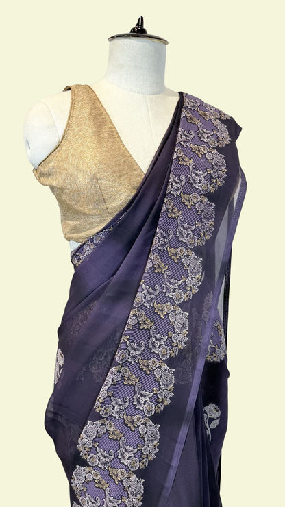 Midnight Blue Synthetic Printed Saree