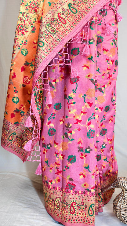 Elegant Pink Floral Meenakari Saree With Blause piece for Festival Wear,
