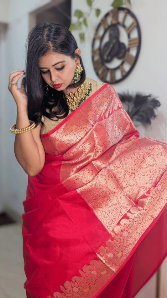 Red Banarasi Inspired Warm Silk Saree with Heavy Zari Brocade Pallu
